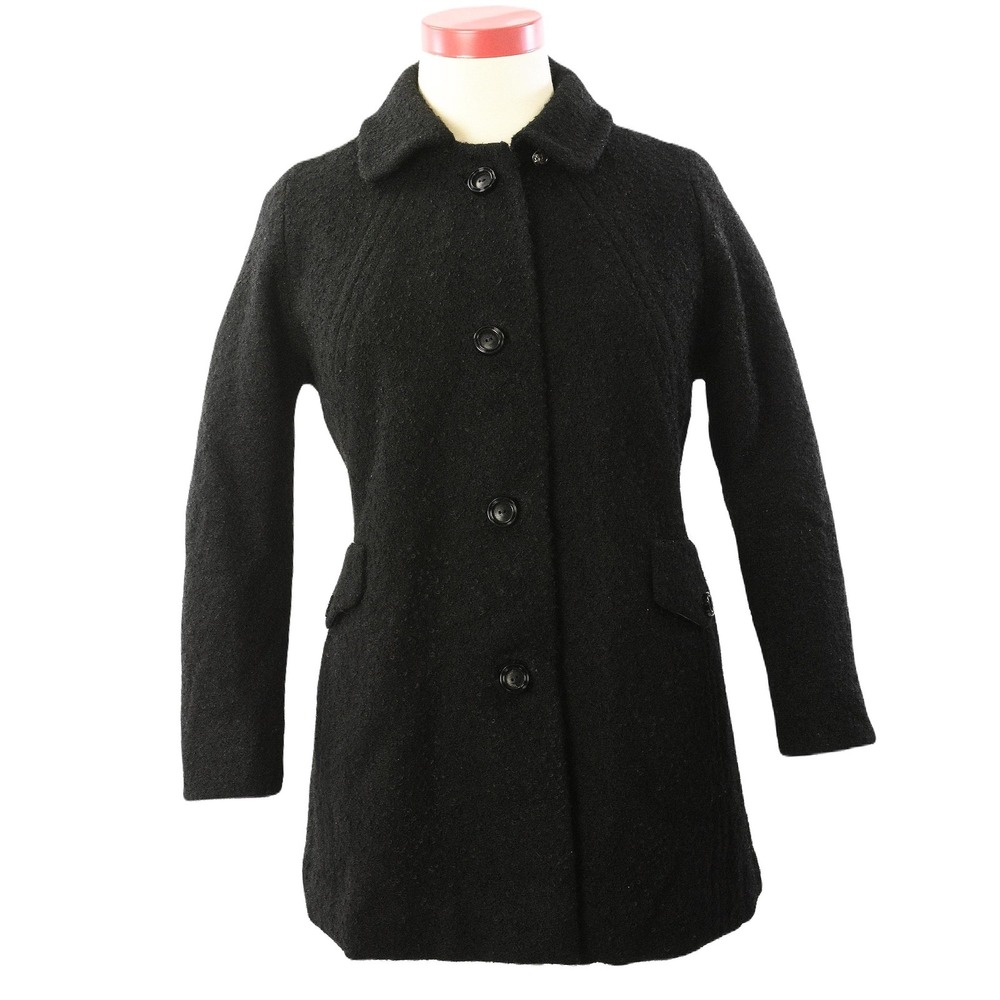 50s Vintage Black Boucle Wool Coat Womens L 14 Minimalist Raglan Overcoat USA